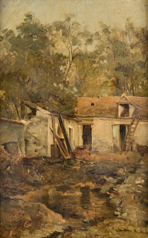 FRANCISCO GIMENO ARASA, "Granja", Óleo sobre tabla