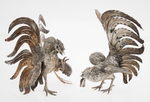 Pair of silver-plated metal roosters, 20th century