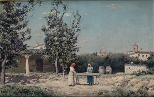 JOSÉ FRANCO CORDERO, "Paisaje rural con dos mujeres", Óleo