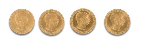 FOUR COINS OF 100 AUSTRIAN CROWNS IN GOLD