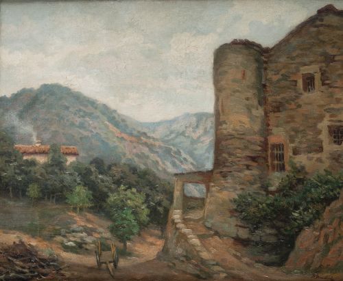 DIONISIO NADAL LLORENS, "Paisaje rural con masías", Óleo so