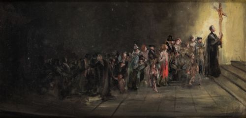 ANÓNIMO 1ª Mitad S.XX, "Procesión de fieles", Óleo sobre ta