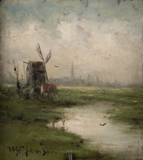 WILLEM G.F. JANSEN , "Paisaje holandés con molino", Óleo so