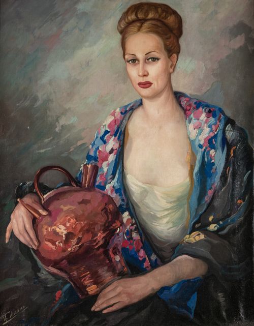 FEDERICO MOLINA, "Retrato de dama con botijo y mantón ", Ól