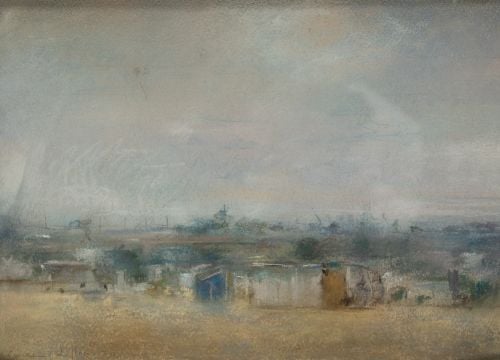 CARMEN LAFFON, "Paisaje con casas", 1970, Pastel, ceras y g