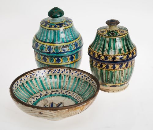 Two ceramic containers and a bowl, Morocco, late 19th centu