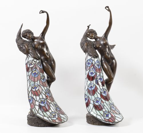 Pair of patinated bronze and glass table lamps, 20th centur