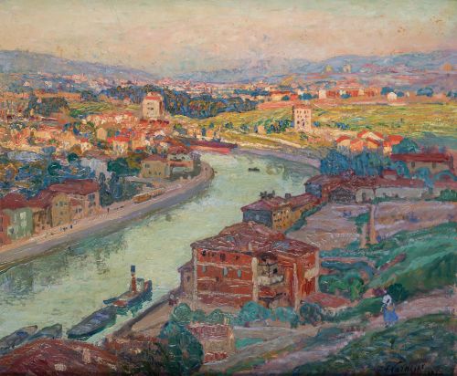 FERNANDO LAROCHE, "Ria de Bilbao", 1918, Óleo sobre cartón