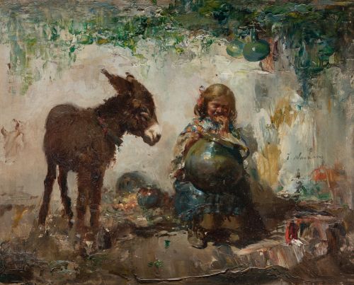 JOSÉ  NAVARRO LLORENS, "Niña con cántaro y burro", Óleo sob