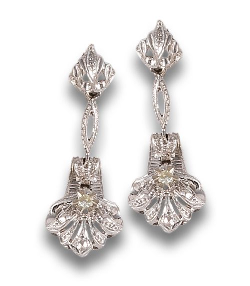 LONG, ANTIQUE STYLE, DIAMOND EARRINGS, IN PLATINUM