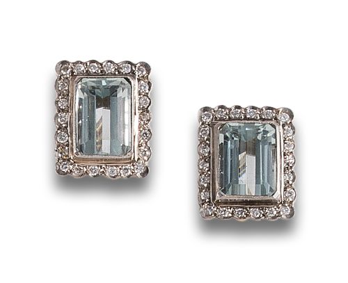 AQUAMARINE AND DIAMOND EARRINGS, IN PLATINUM