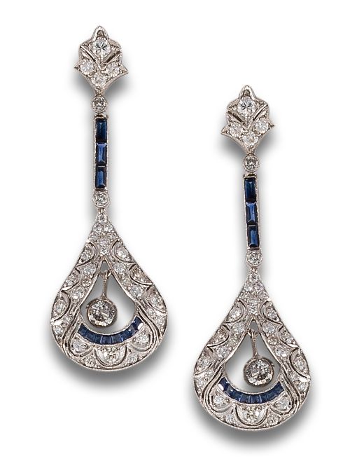 LONG, ANTIQUE STYLE, DIAMONDS AND SAPPHIRES, EARRINGS IN PL