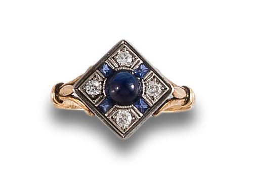 ART DECO RING WITH SYNTHETIC SAPPHIRES AND DIAMONDS, IN YEL