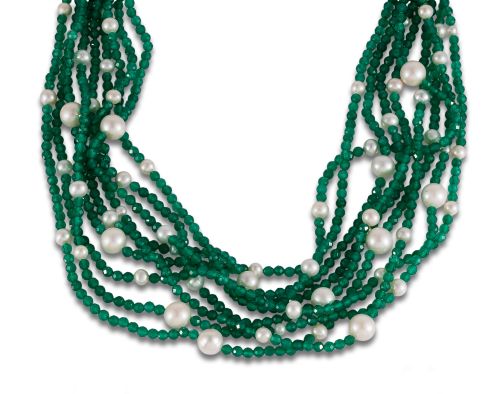 MULTISTRAND NECKLACE WITH AVENTURINE, CULTURED PEARLS AND S