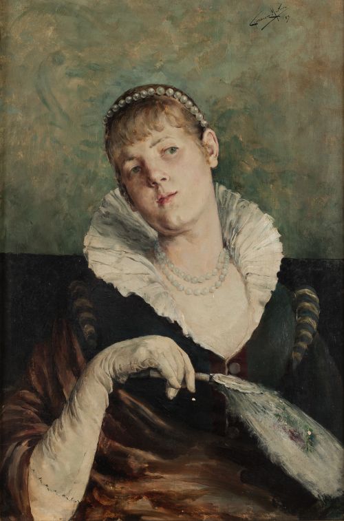 JUAN JIMENEZ MARTIN, "Dama elegante con abanico", 1889, Óle