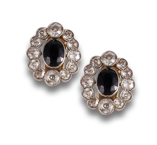 ANTIQUE ROSETTE EARRINGS WITH DIAMOND AND SAPPHIRE, IN YELL