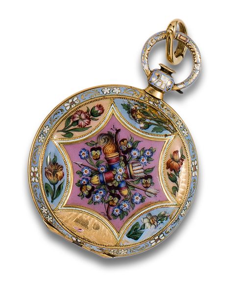 LEPINE LADY&#39;S GOLD AND ENAMEL POCKET WATCH