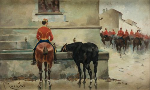 JOSÉ CUSACHS Y CUSACHS, "En la fuente", c.1888, Óleo sobre