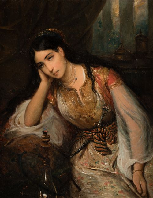 FRANÇOIS-AUGUSTE BIARD, "Joven oriental en interior", Óleo