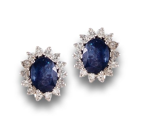 SAPPHIRE AND DIAMOND ROSETTE EARRINGS, IN WHITE GOLD