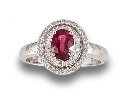 RUBY AND DIAMOND ROSETTE RING, IN WHITE GOLD