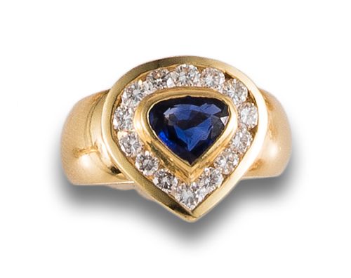 HEART RING, 1980s, WITH DIAMONDS AND SAPPHIRE, IN YELLOW GO