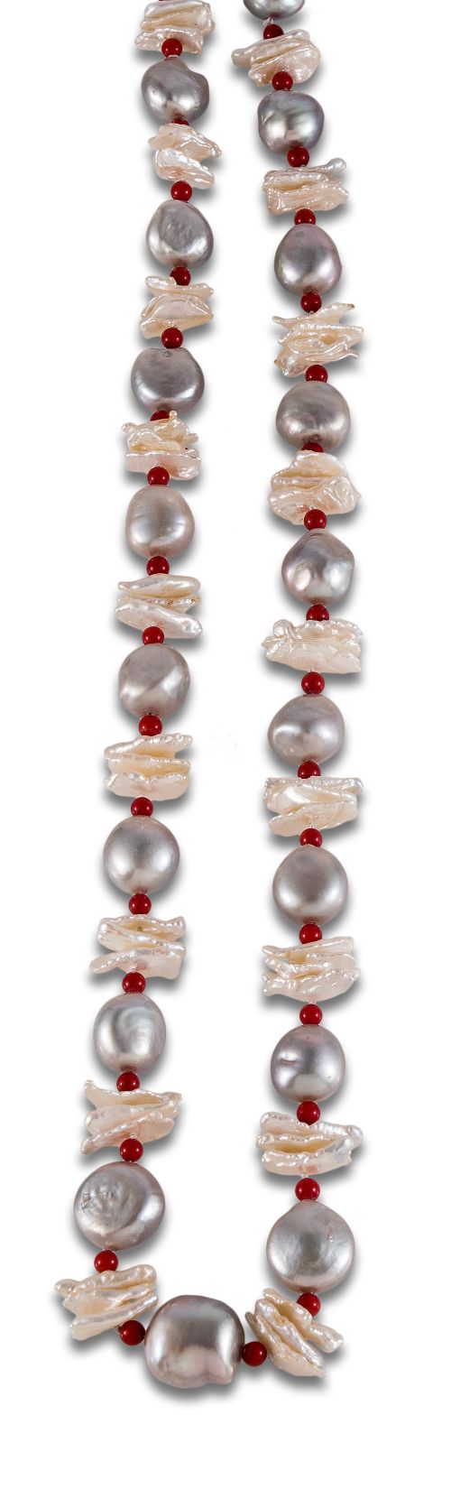 CULTURED PEARL, BIWA AND CORAL NECKLACE, METAL CLASP