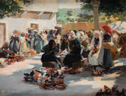 JULIO  VILA Y PRADES, "Feria gallega", Óleo sobre lienzo