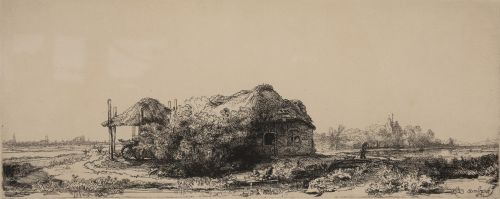 REMBRANDT HARMENSZ VAN RYJN, "Paisaje con cabaña y pajar",