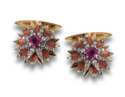 ANTIQUE CUFFLINKS WITH BURMA RUBIES, DIAMONDS, ENAMEL AND G