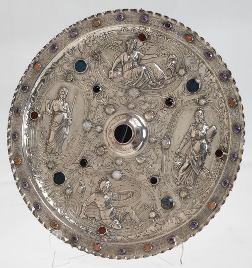 Large decorative plate in punched German silver, 19th-20th