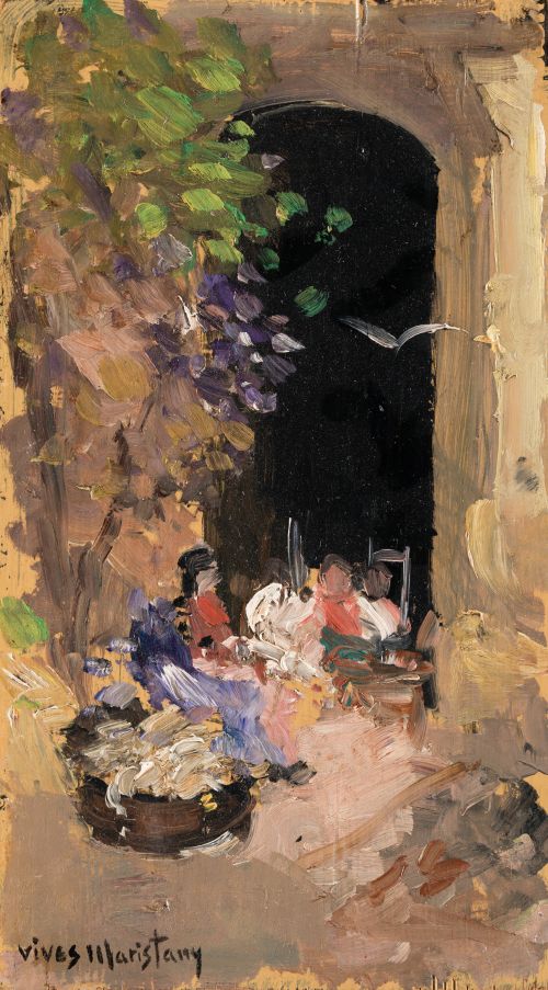 VIVES  MARISTANY, "Conversando en el portal", Óleo sobre ta