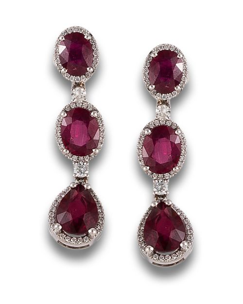 LONG GOLD EARRINGS WITH RUBIES AND DIAMONDS