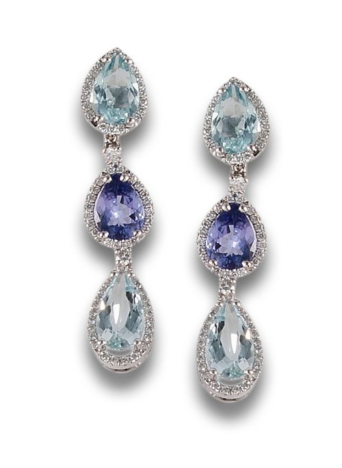 LONG GOLD EARRINGS WITH AQUAMARINES, TANZANITES AND DIAMOND