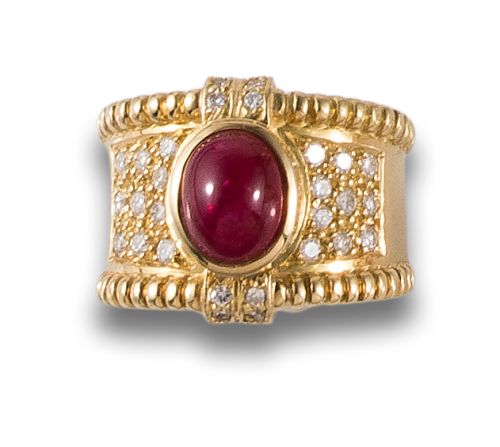 WIDE GOLD RING WITH RUBY AND DIAMONDS