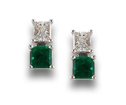 BYPASS EARRINGS WITH DIAMOND AND EMERALDS, IN WHITE GOLD