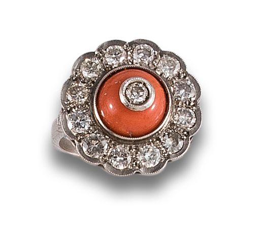 ANTIQUE STYLE DIAMONDS AND CORAL RING IN PLATINUM