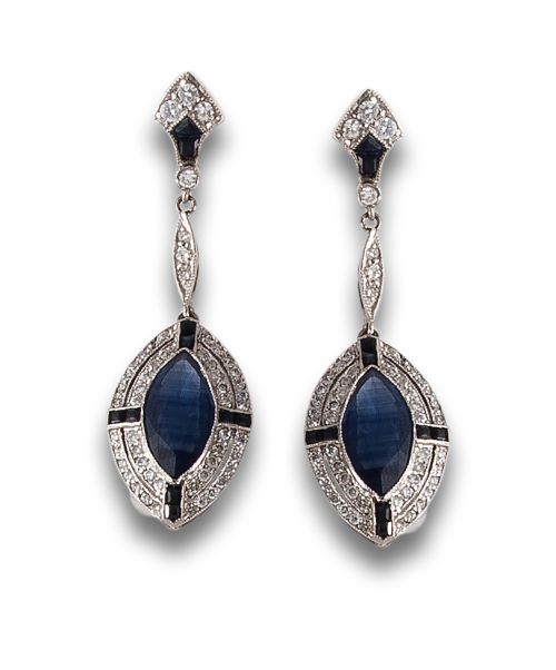 ART DECO STYLE EARRINGS IN PLATINUM WITH SAPPHIRE AND DIAMO