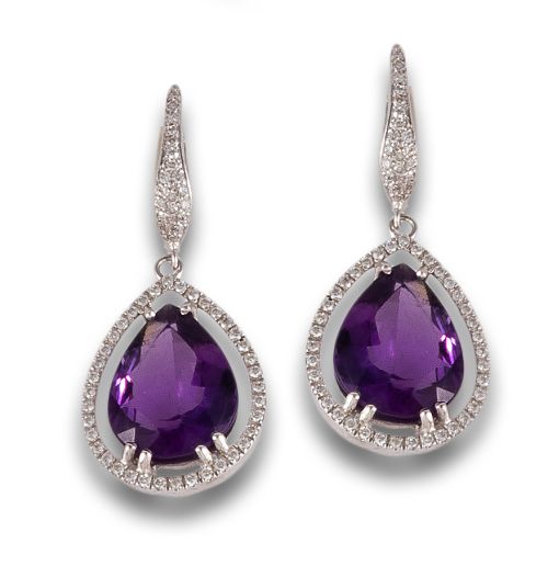 DIAMOND AND AMETHYST EARRINGS, IN WHITE GOLD