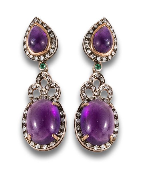 LONG EARRINGS, ANTIQUE STYLE OF AMETHYST, DIAMONDS AND EMER