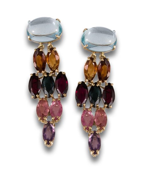 LONG TOURMALINE, TOPAZ AND AMETHYST EARRINGS IN YELLOW GOLD