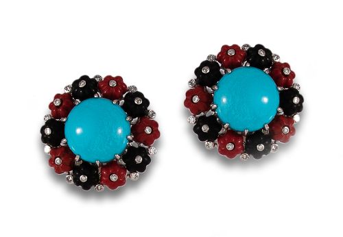 PENDIENTES FLORES DE TURQUESA, DIAMANTES Y RESINA, EN ORO B