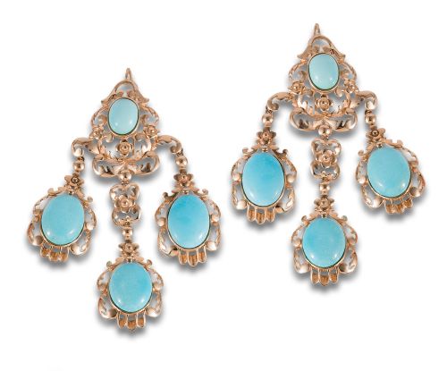 LARGE ANTIQUE STYLE TURQUOISE AND YELLOW GOLD EARRINGS