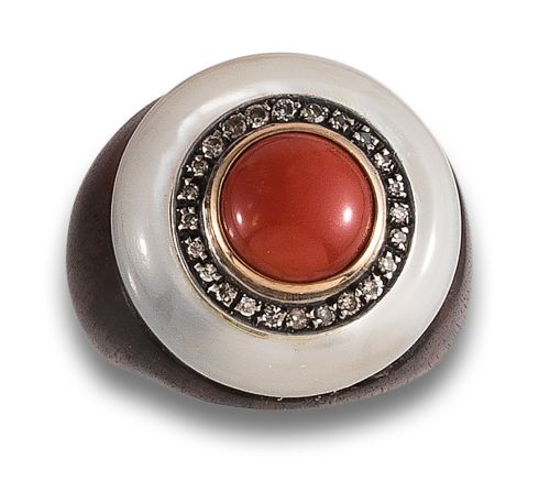 BOMBE RING WITH CORAL, DIAMONDS, MEDRE-PEARL AND WOOD