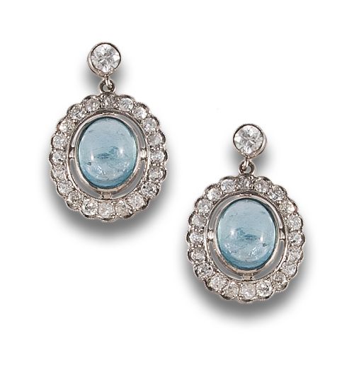 ROSETTE EARRINGS WITH AQUAMARINE CABOCHONS AND DIAMONDS IN