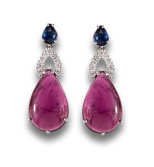 LONG SAPPHIRE, DIAMONDS AND TOURMALINE EARRINGS IN WHITE GO