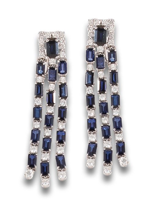 LONG GOLD EARRINGS WITH DIAMONDS AND SAPPHIRES