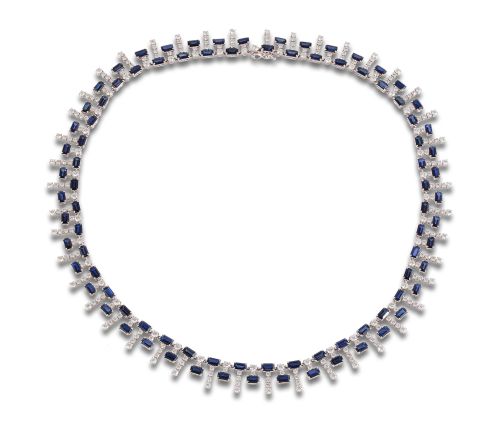 GEOMETRIC DIAMOND AND SAPPHIRE NECKLACE, IN WHITE GOLD