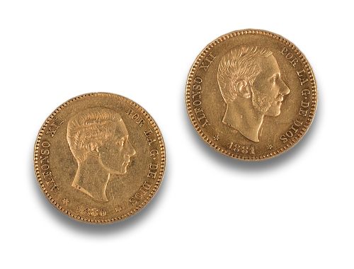 TWO 25 PESETA COINS FROM 1880 AND 1881