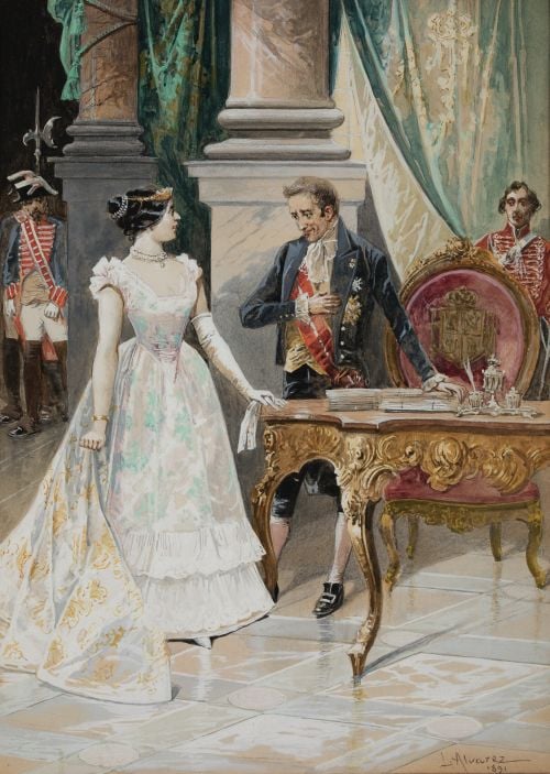 LUIS ALVAREZ CATALA, "La visita", 1891, Acuarela y gouache